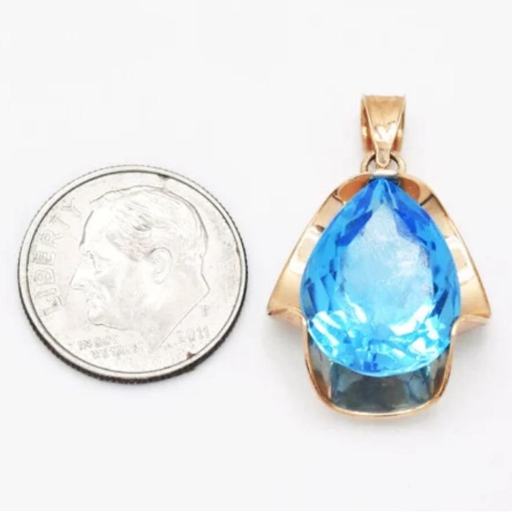 14k yellow gold, 6 carat blue topaz pendant - Picture 4 of 6